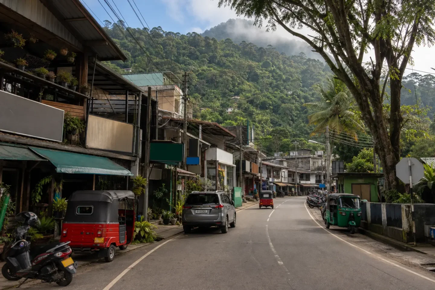 AI-generated illustration of Ella town’s compact main street beneath green hills