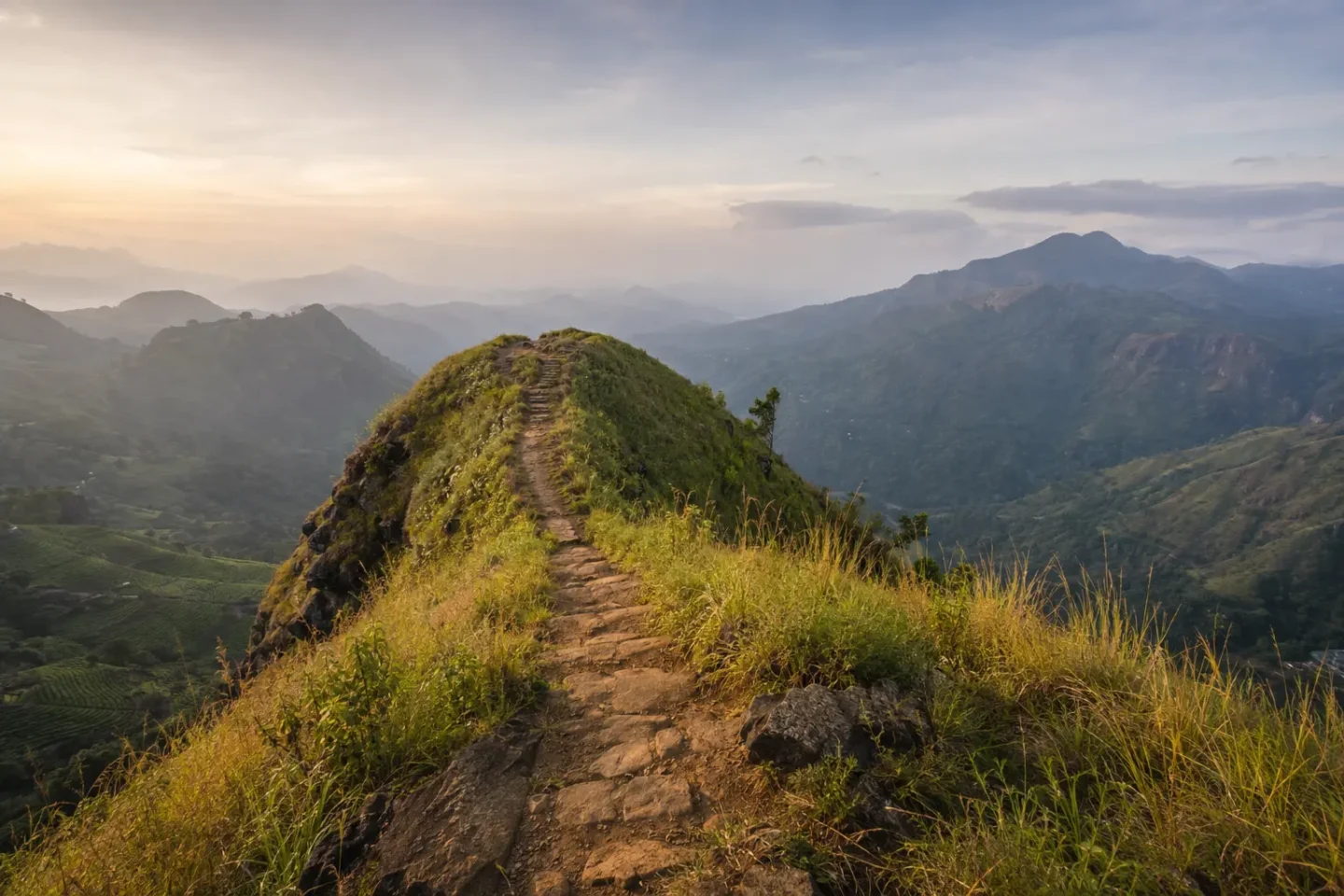 AI-generated illustration of the ridge path and hill-country view at Little Adam’s Peak