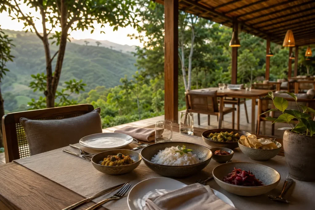 Generated fictional open-air dining terrace in the Sri Lankan hill country