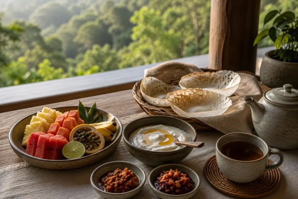 Generated fictional breakfast table with fruit, curd and Ceylon tea