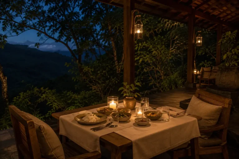 Generated fictional candlelit table for two on a sheltered terrace
