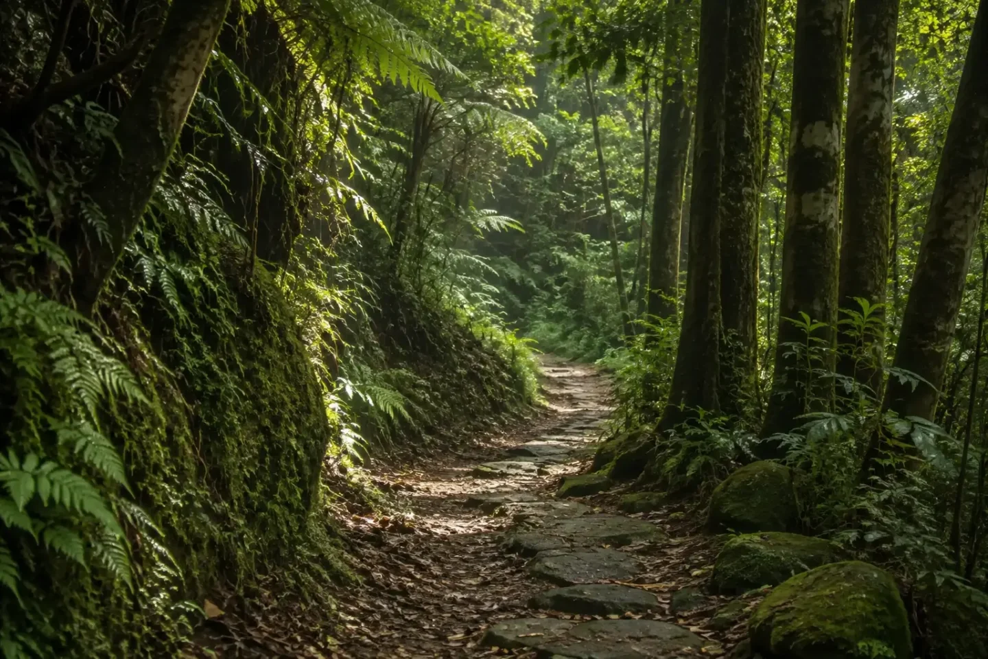 Generated fictional narrow path through ferns and tall hill-country trees