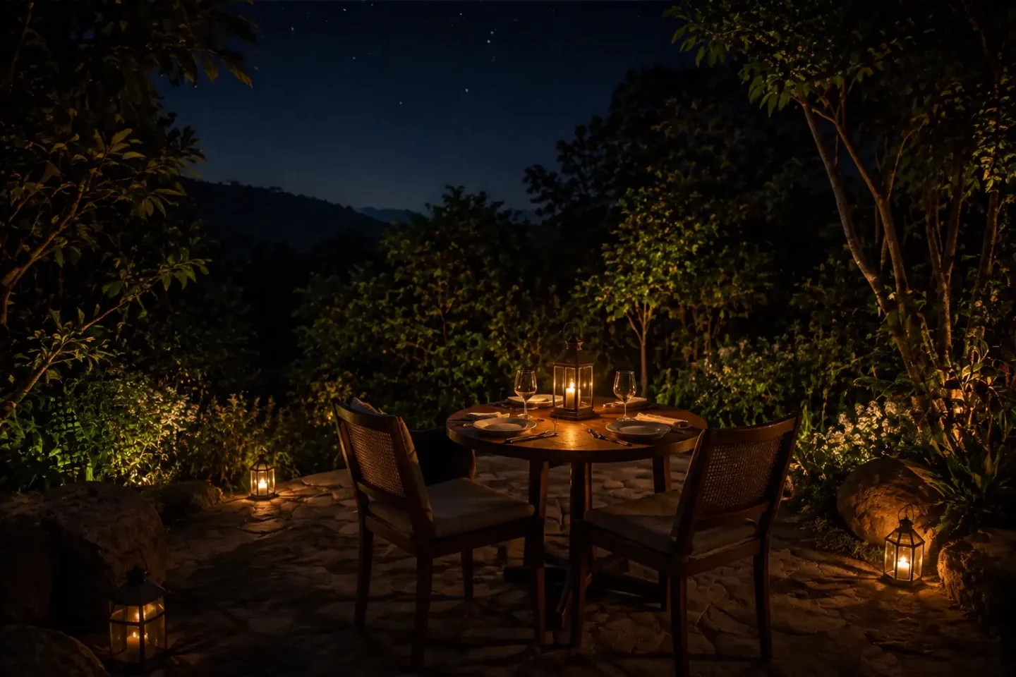 Generated fictional table for two lit by lanterns after dusk
