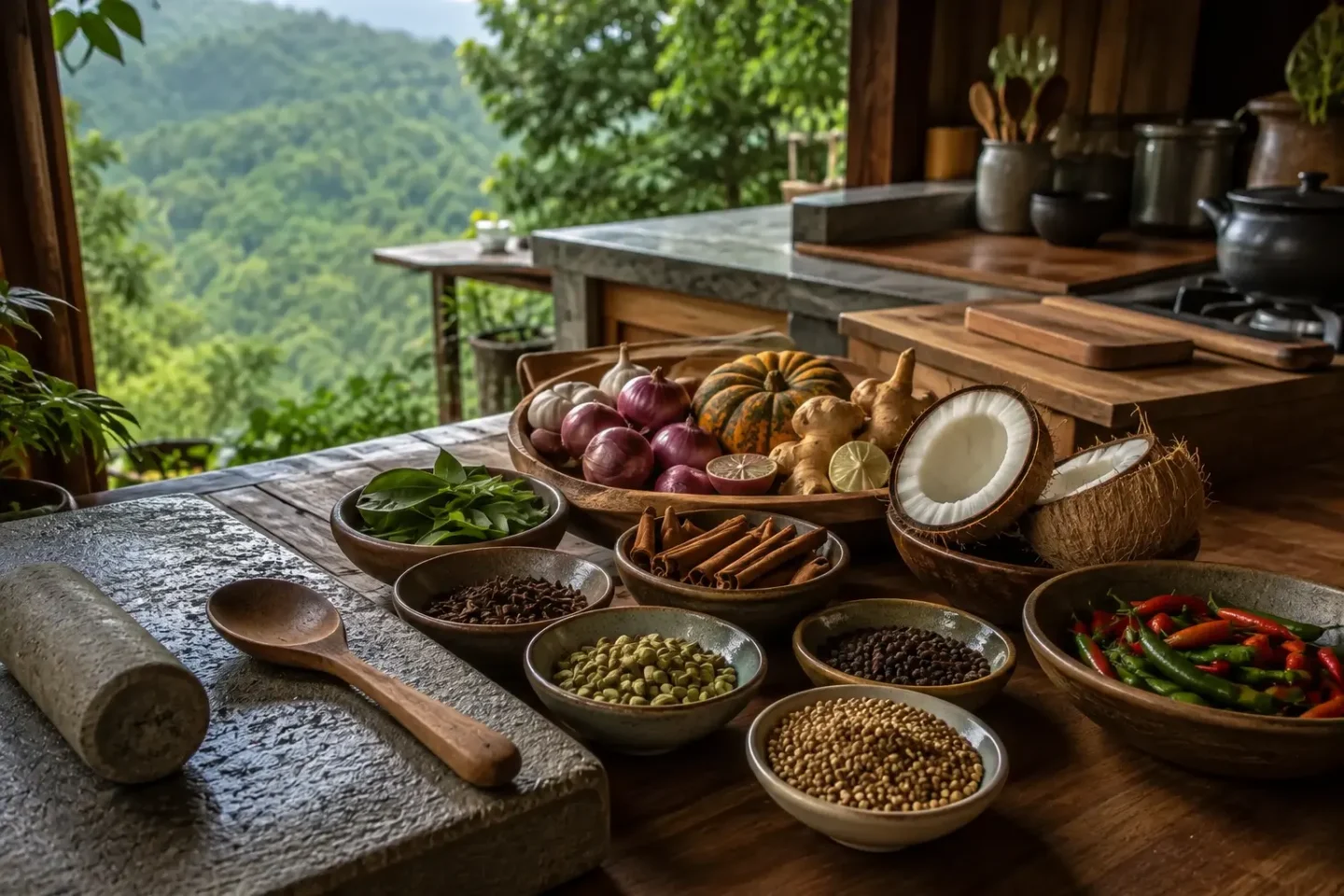 Generated fictional kitchen counter with spices, coconut and fresh produce