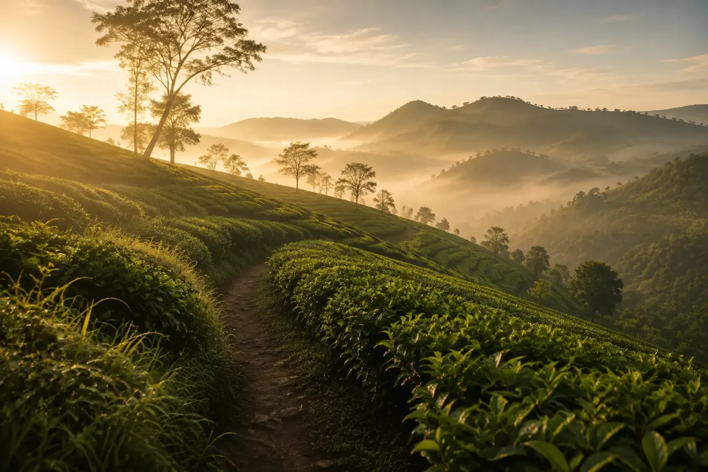 Generated fictional footpath through hill-country tea land in early light