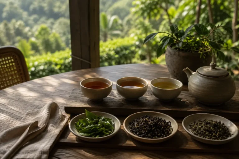 Generated fictional tea tasting set on a timber table with leaves and cups