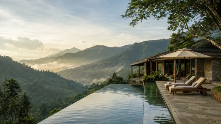 Generated architectural concept of a fictional mountain retreat overlooking green hills
