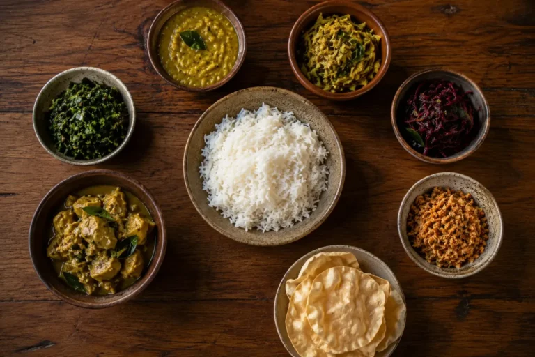 Generated fictional rice and curry spread in small clay bowls