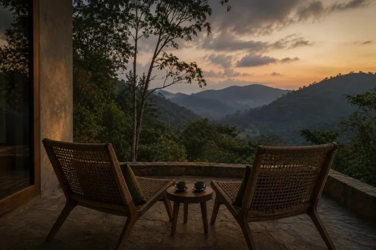 Generated fictional pair of chairs on a quiet terrace at dusk