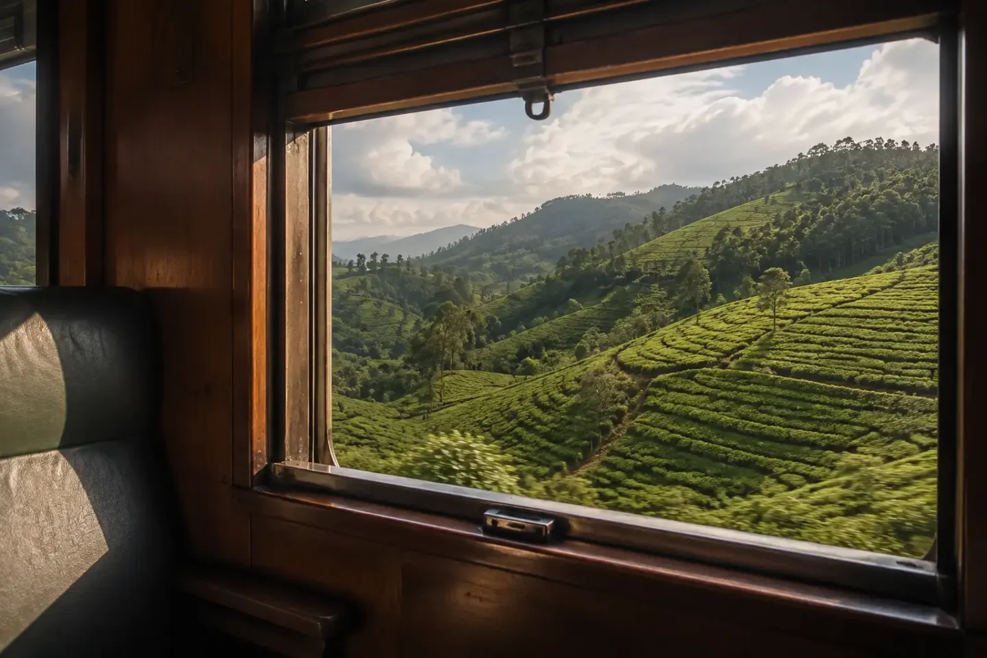 Generated fictional window view of green hills from a moving train