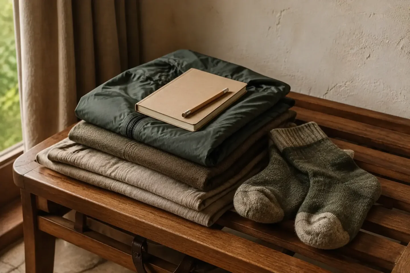 Generated fictional folded layers, a rain jacket and a notebook