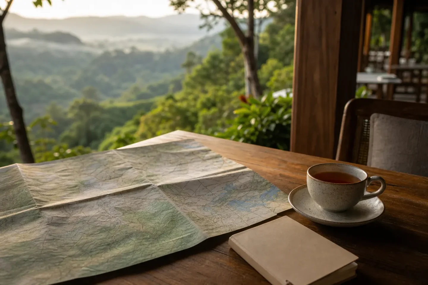 Generated fictional terrace with a map, tea and morning light