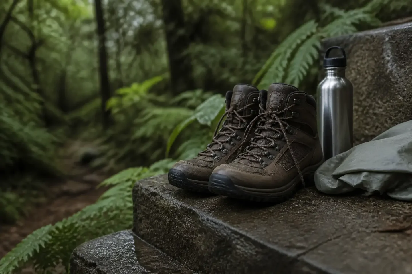 Generated fictional walking boots and a water bottle on a stone step