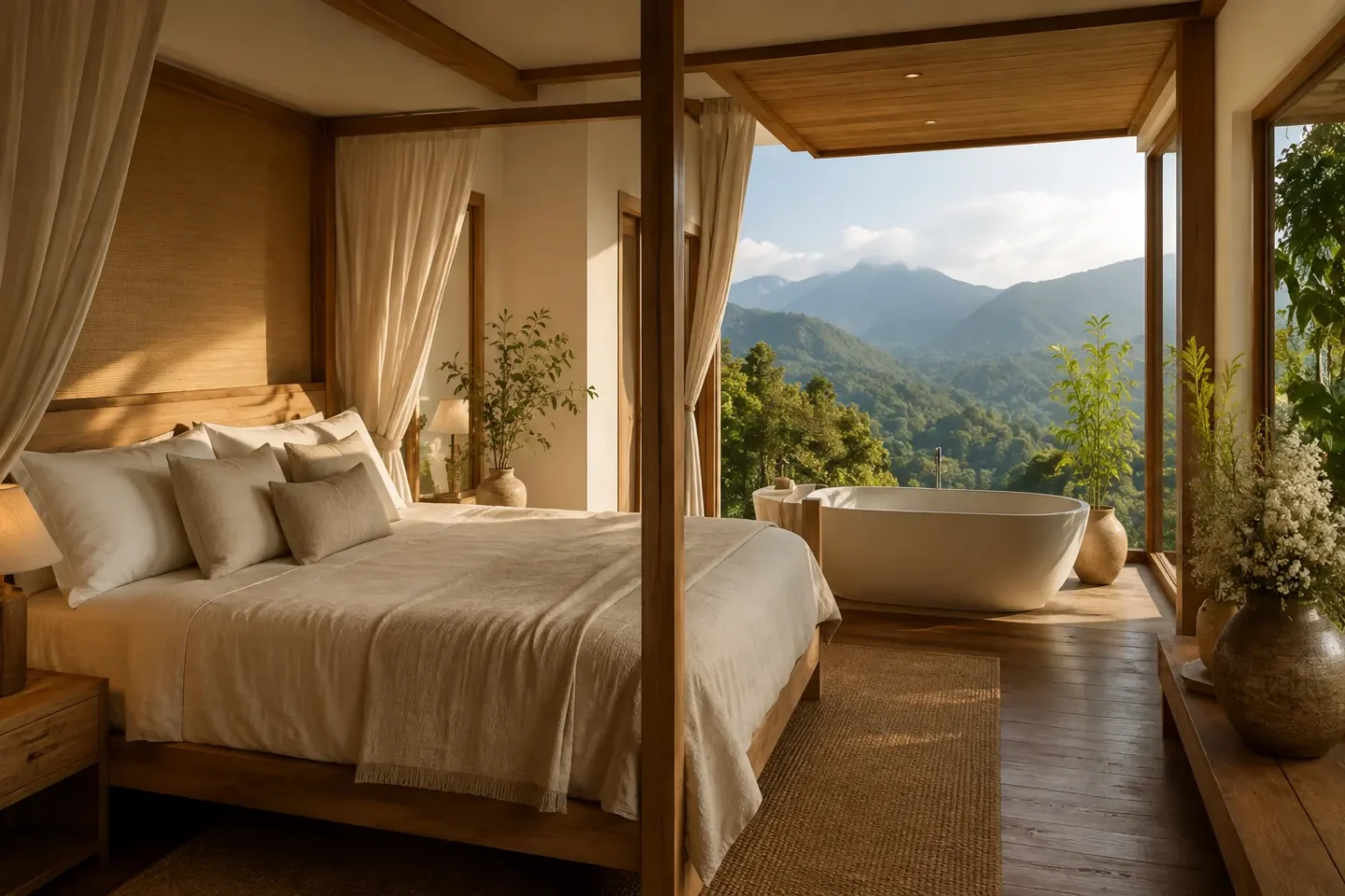 Generated fictional suite with soft neutral furnishings and a mountain view