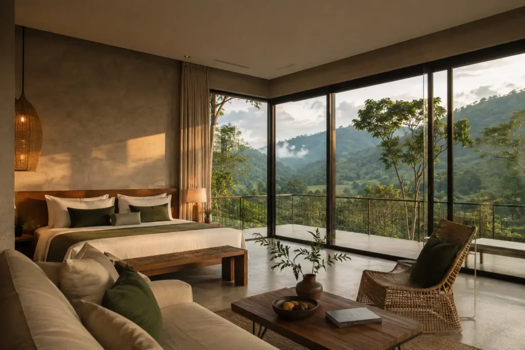 Generated fictional valley-view room with natural timber and a private terrace