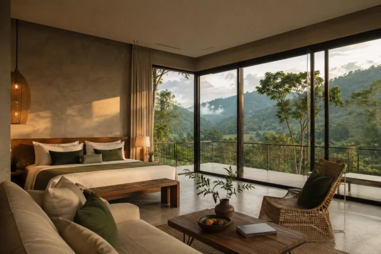 Generated fictional valley-view room with natural timber and a private terrace