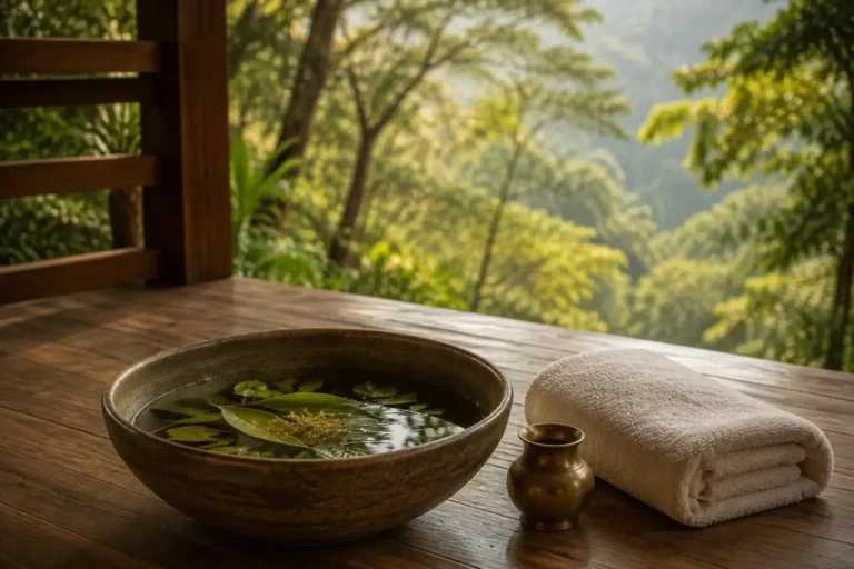 Generated fictional foot ritual with a warm herbal bowl and folded linen