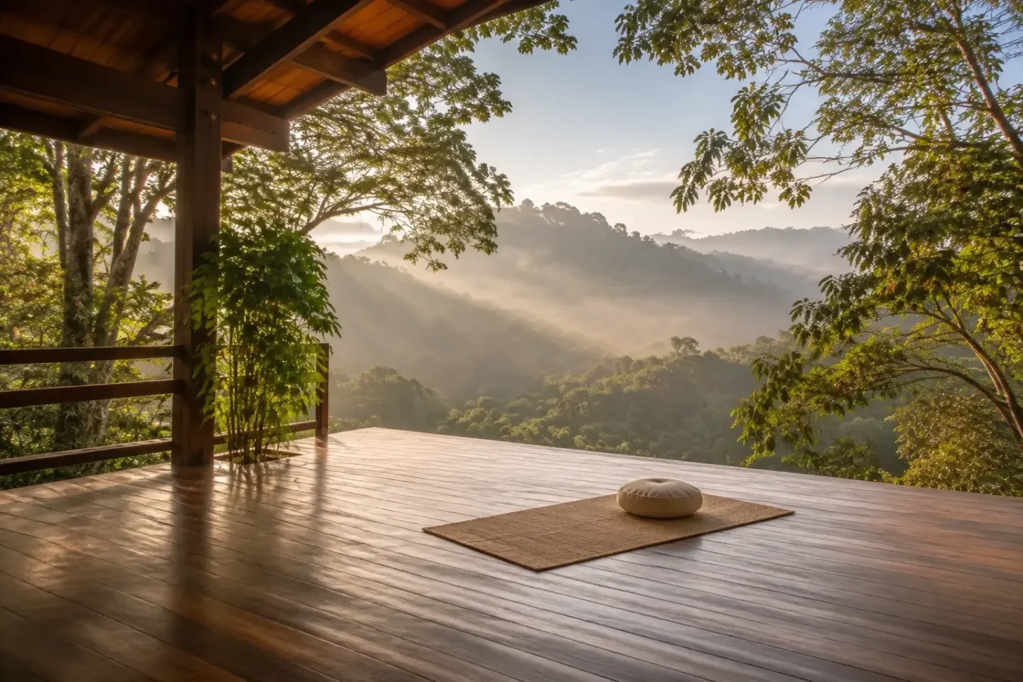 Generated fictional open yoga deck at sunrise above the valley