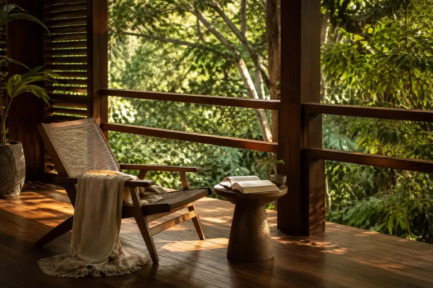 Generated fictional reading corner in a calm wellness pavilion